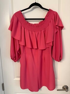 1. State Hot Pink Ruffle Off-Shoulder 3/4 Sleeve Romper